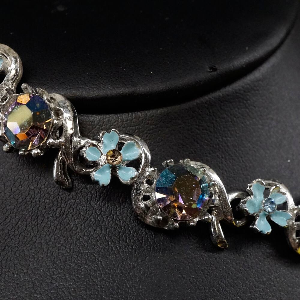 Vintage AB Rhinestone Flower Necklace Blue Enamel Silver Tone Adjustable - Picture 4 of 7